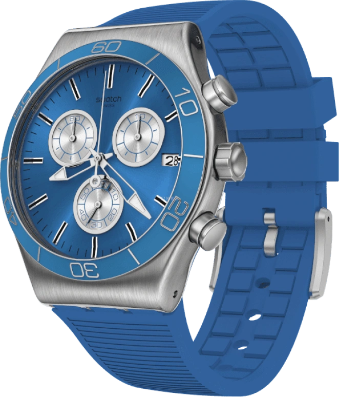 Swatch,IRONY 43mm,43mm,Stainless Steel,Black,Silver,Blue,Minutes,YVS485