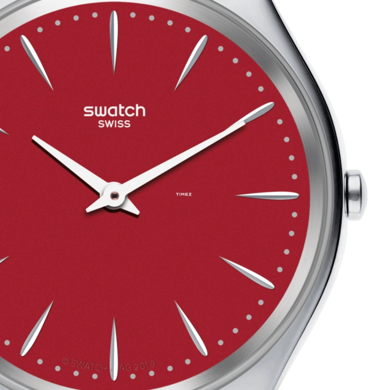 Swatch,SKIN 38mm,38mm,Stainless Steel,Red,Quartz,Tonneau,Silver,SYXS119