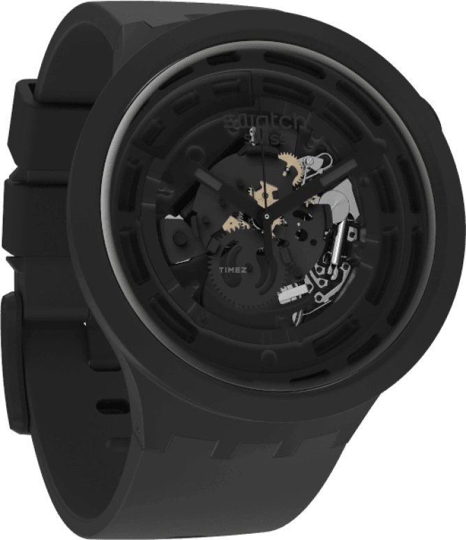 Swatch,Other 47mm,47mm,Bioceramic,Black,Skeleton,Quartz,Sapphire,Crystal Glass,Round,SB03B100