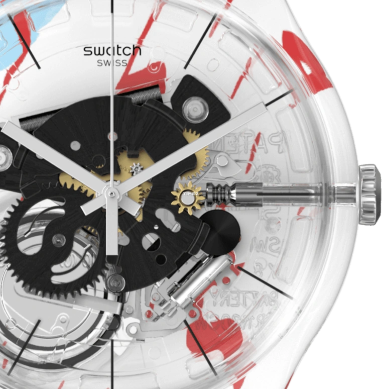 Swatch,Other 41mm,41mm,Plastic,White,Transparent,Quartz,Tonneau,Transparent,SUOK144,SUOK144-011