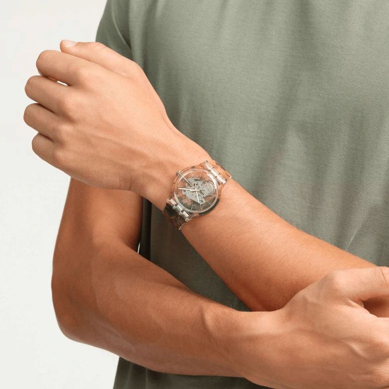 Swatch,Originals 41mm,41mm,Plastic,Multi-Color,Transparent,Yellow Tan,Quartz,Round,Transparent,SUOK145,SUOK145-064