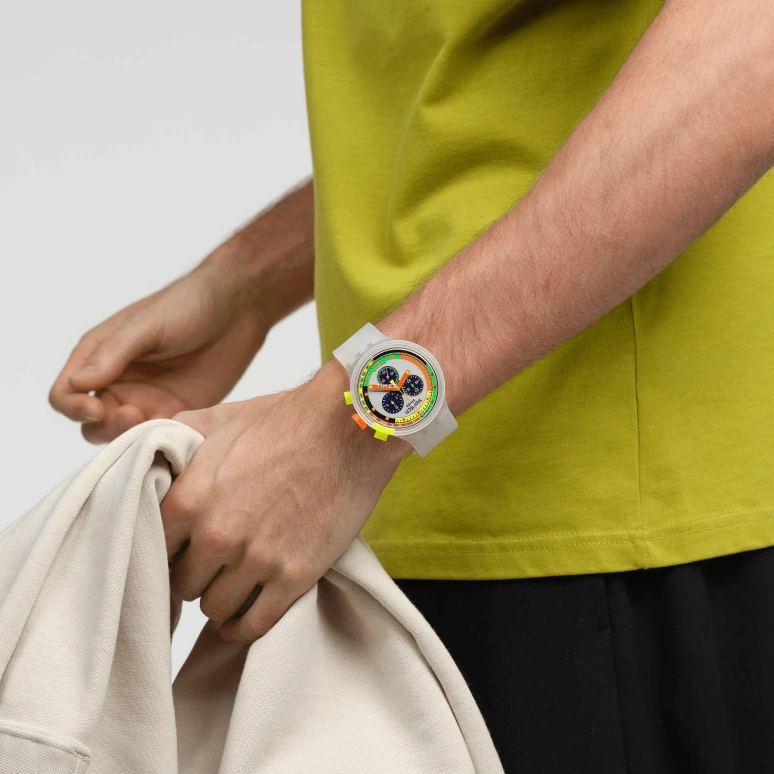 Swatch,NEON 47mm,47mm,Plastic,Silver,Quartz,Chronograph,Sapphire,Crystal Glass,SB02K100