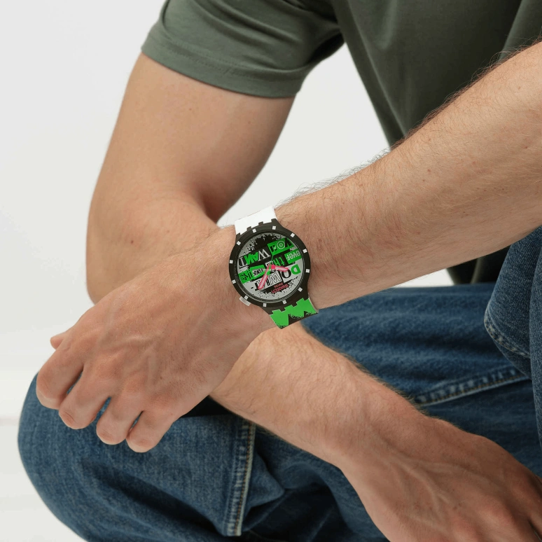 Swatch,NO RULES 47mm,47mm,Bioceramic,Multi-Color,Green,Black,White,Quartz,Bio-sourced,Glass,Round,SB03B701