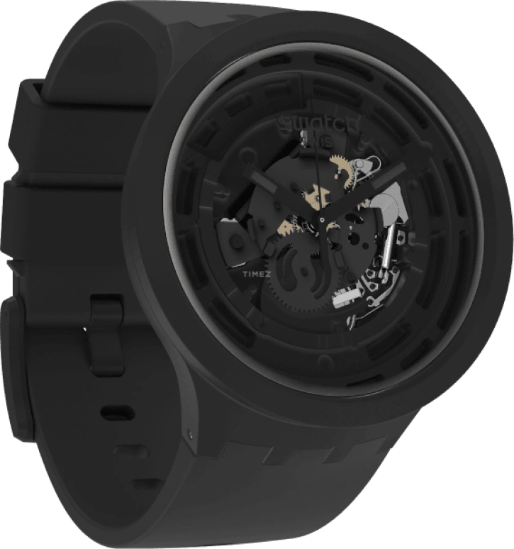 Swatch,Other 47mm,47mm,Bioceramic,Black,Skeleton,Quartz,Sapphire,Crystal Glass,Round,SB03B100