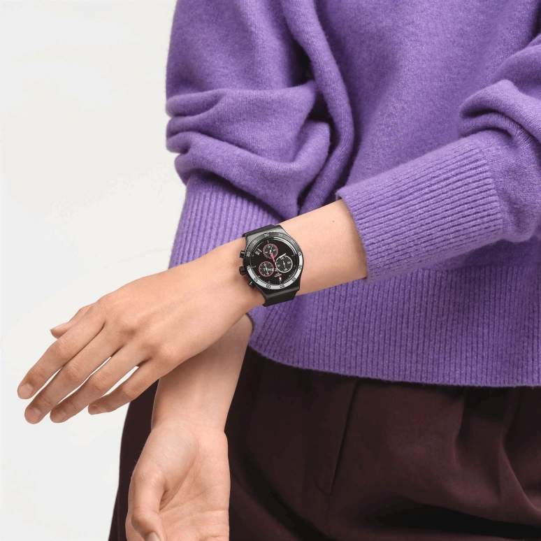 Swatch,Other 43mm,43mm,Stainless Steel,Black,Quartz,Chronograph,Day,YVB413