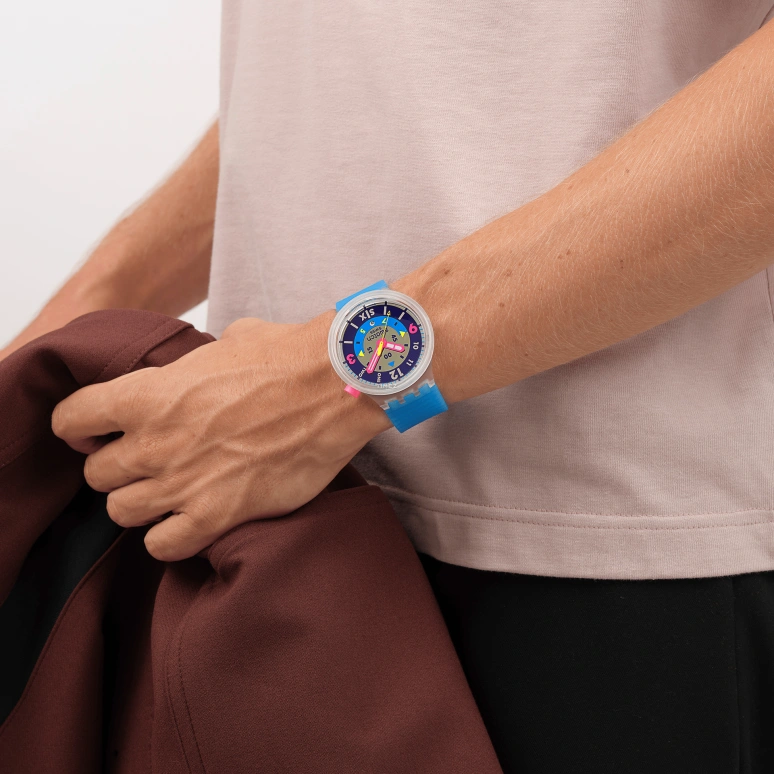 Swatch,NEON 47mm,47mm,Composite,Blue,Grey,Quartz,Day,Round,SB01K400