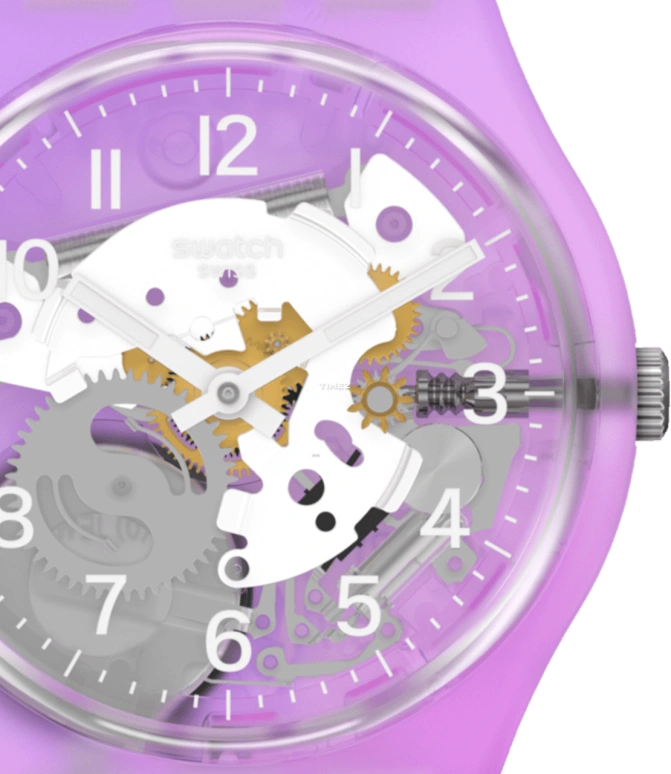 Swatch,Other 34mm,34mm,Plastic,Purple,Skeleton,Quartz,Sapphire,Crystal Glass,Round,GV136