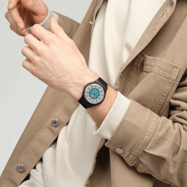 Swatch,Originals 41mm,41mm,Bioceramic,Blue,Silver,Quartz,Tonneau,Black,SO32B119