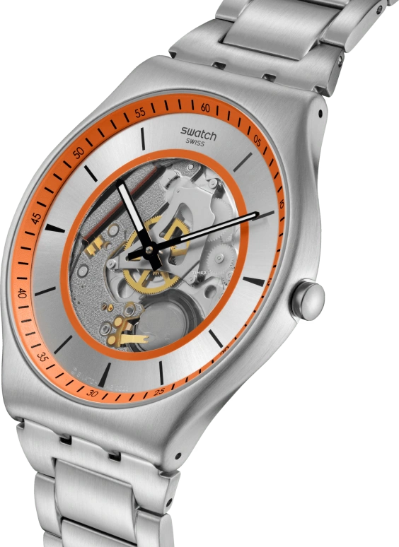 Swatch,Swatch Essentials 42mm,42mm,Stainless Steel,Grey,Skeleton,Quartz,Sapphire,Crystal Glass,Round,SS07S144G