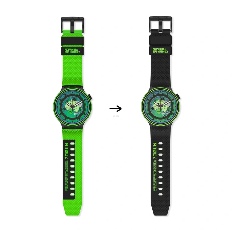 Swatch,Other 47mm,47mm,Plastic,Green,Skeleton,Quartz,Sapphire,Crystal Glass,Round,SB01B125