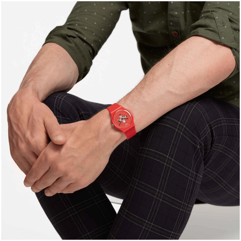Swatch,Other 41mm,41mm,Bio-sourced,Red,Quartz,Sapphire,Crystal Glass,Round,SO29R104,SO29R104-S14