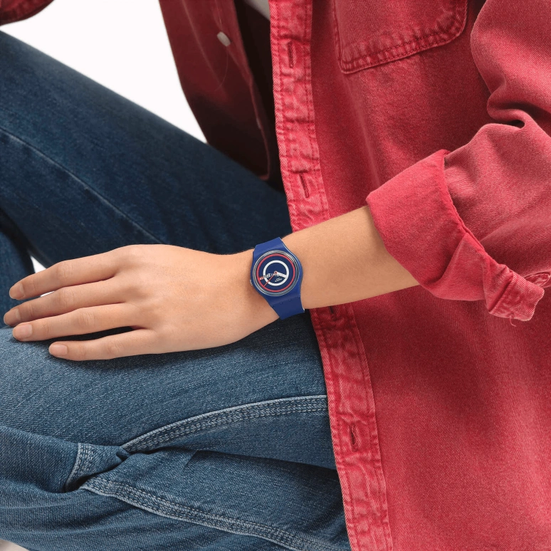 Swatch,Originals 34mm,34mm,Bio-sourced,Blue,White,Red,Quartz,Date,Day,SO28N703