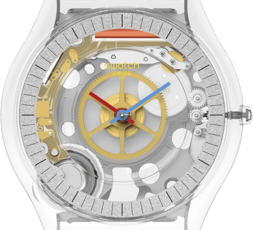 Swatch,CLEAR 34mm,34mm,Bio-sourced,Silver,Skeleton,Quartz,Sapphire,Crystal Glass,Round,SS08K109,SS08K109-S06