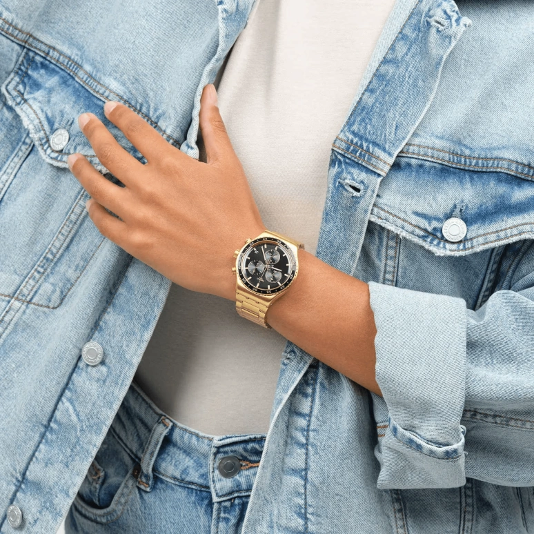 Swatch,Other 43mm,43mm,Stainless Steel,Black,Quartz,Chronograph,Day,YVG418G