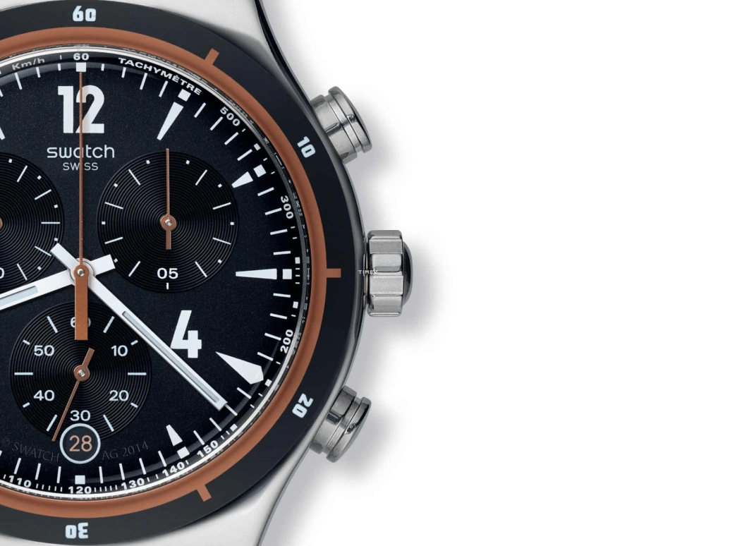 Swatch,Other 43mm,43mm,Stainless Steel,Black,Quartz,Chronograph,Day,YVS419G