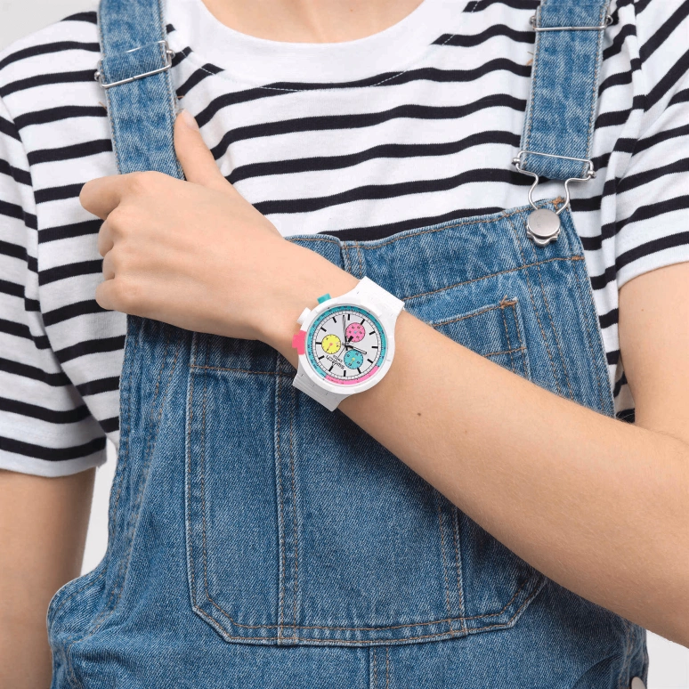 Swatch,NEON 47mm,47mm,Bio-sourced,White,Quartz,Chronograph,Round,SB06W100