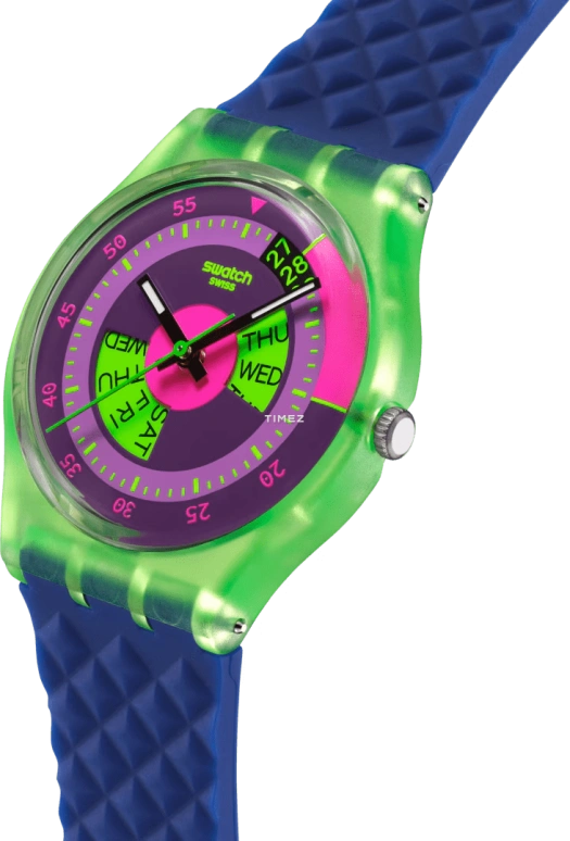 Swatch,NEON 34mm,34mm,Bio-sourced,Purple,Green,Quartz,Date,Day,SO28G704
