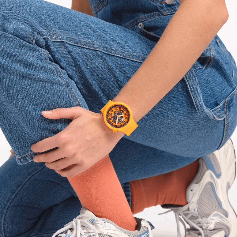 Swatch,Other 47mm,47mm,Plastic,Orange,Skeleton,Quartz,Sapphire,Crystal Glass,Round,SB01O101