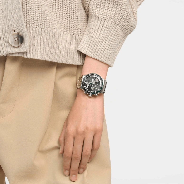 Swatch,Other 43mm,43mm,Stainless Steel,Black,Quartz,Chronograph,Day,YVS506G