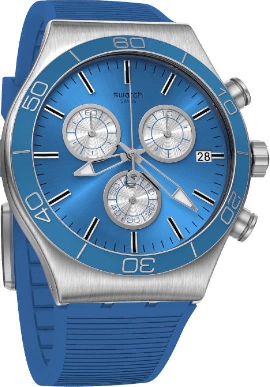 Swatch,IRONY 43mm,43mm,Stainless Steel,Black,Silver,Blue,Minutes,YVS485