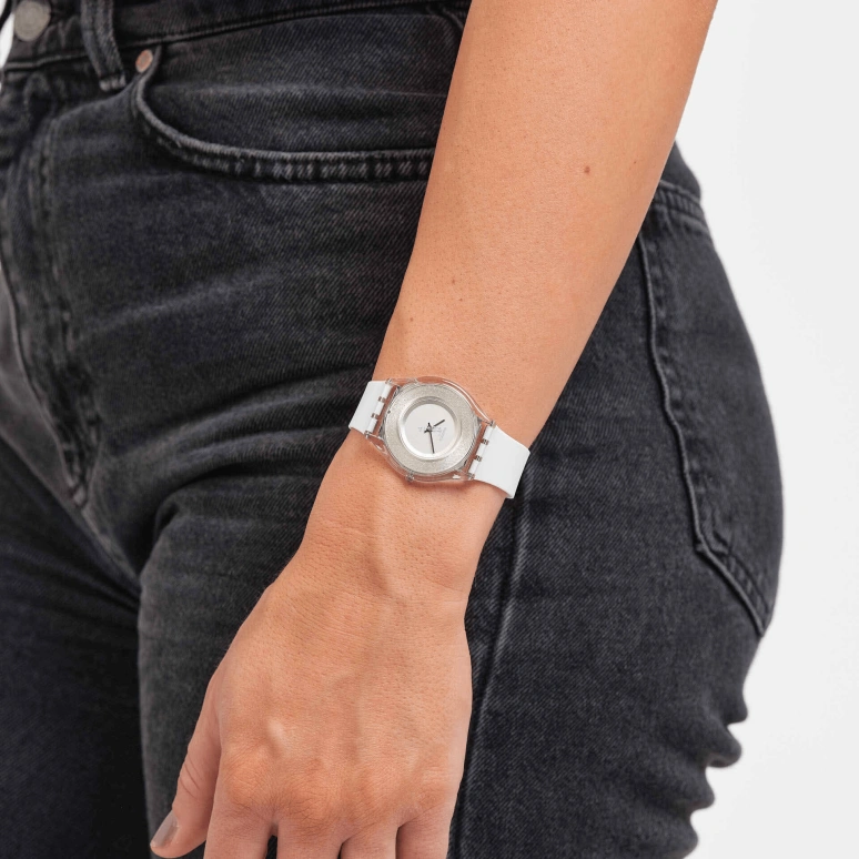 Swatch,Other 34mm,34mm,Bio-sourced,White,Silver,Quartz,Sapphire,Crystal Glass,Round,SS08K108