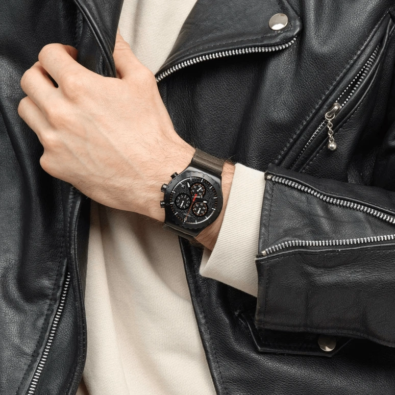 Swatch,Other 43mm,43mm,Stainless Steel,Black,Quartz,Chronograph,Day,YVB416