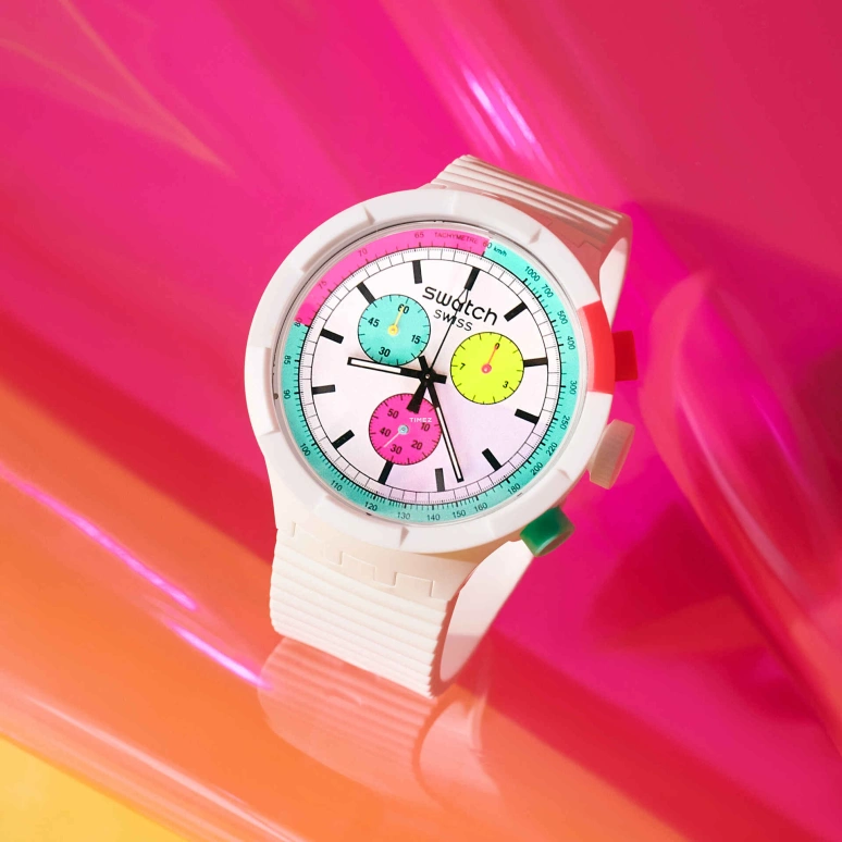 Swatch,NEON 47mm,47mm,Bio-sourced,White,Quartz,Chronograph,Round,SB06W100