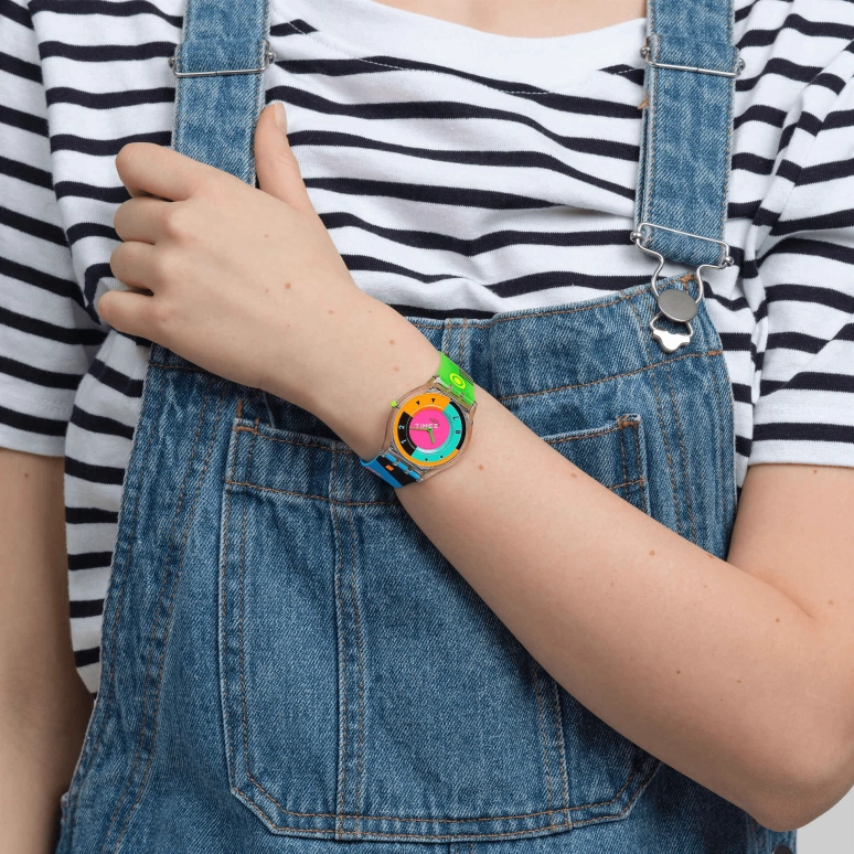 Swatch,NEON 34mm,34mm,Bio-sourced,Multi-Color,Quartz,Sapphire,Crystal Glass,Tonneau,SS08K119