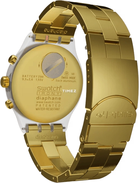 Swatch,CLASSIC 42mm,42mm,Plastic,Gold,Quartz,Chronograph,Day,SVCK4032G