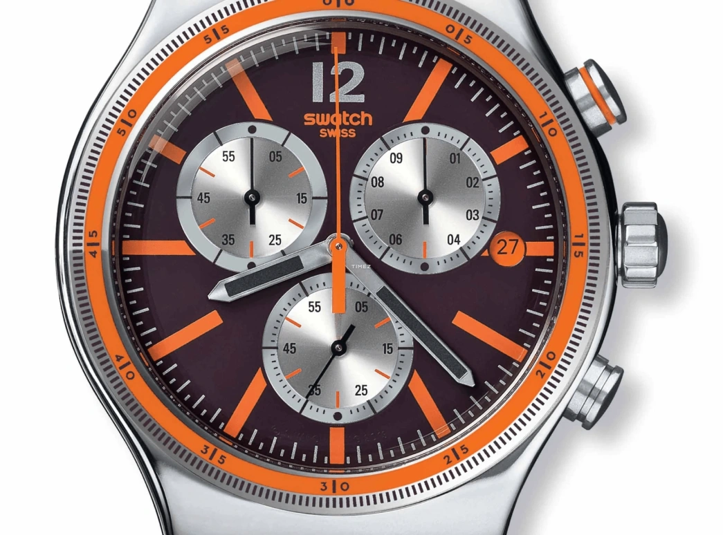 Swatch,Other 43mm,43mm,Stainless Steel,Coffee,Brown,Quartz,Chronograph,Day,YVS413
