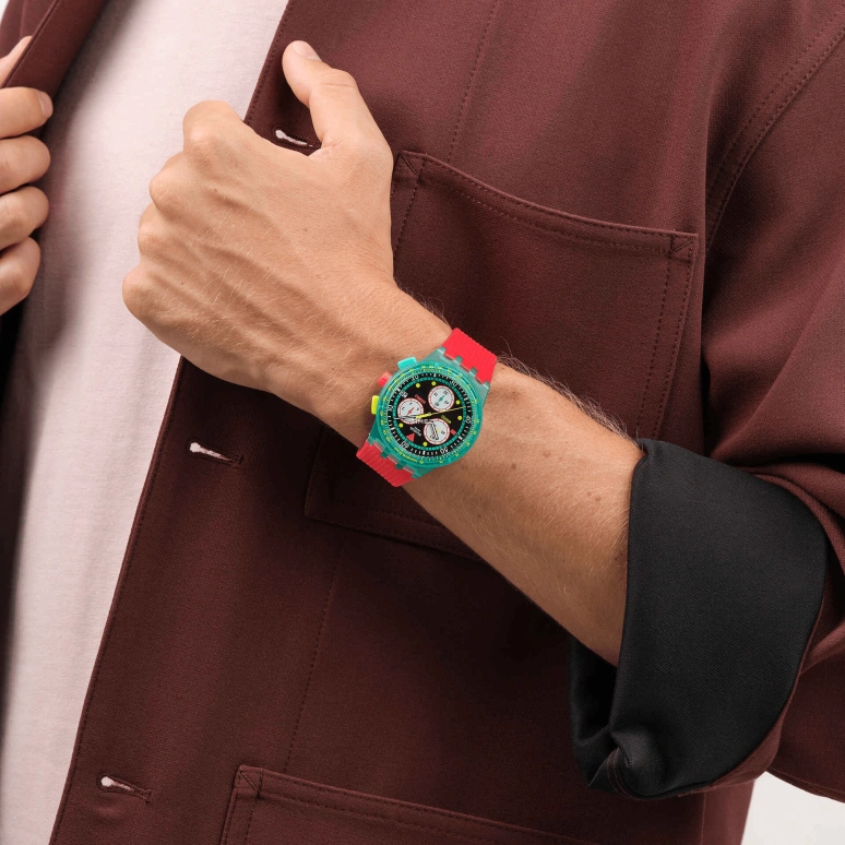 Swatch,NEON 42mm,42mm,Composite,Black,Quartz,Chronograph,Day,SUSG409