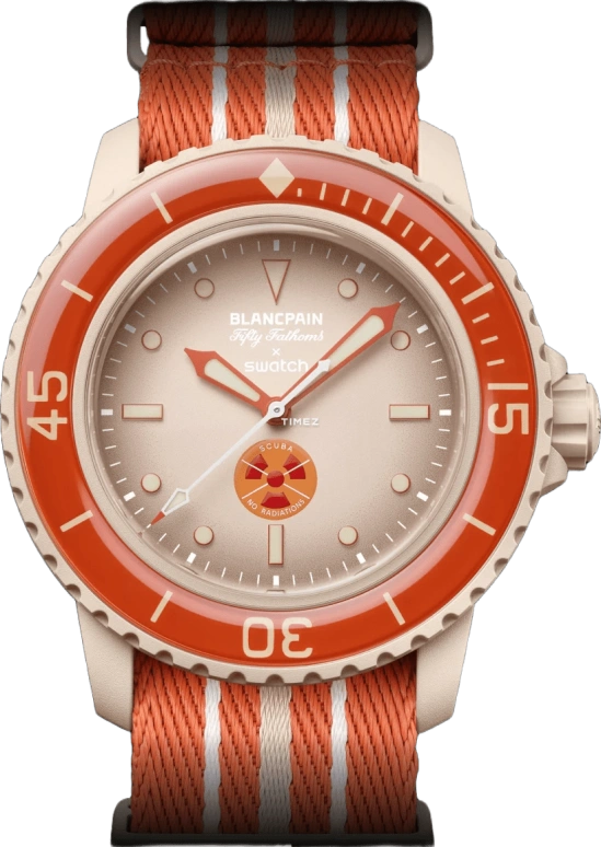 Swatch,BIOCERAMIC 42.30mm,42.30mm,Bioceramic,Cream,Orange,Automatic,Sapphire,Glass,Round,SO35N100