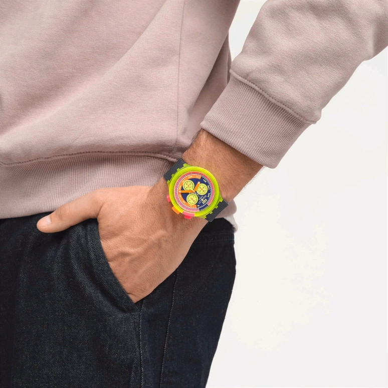 Swatch,NEON 47mm,47mm,Bio-sourced,Blue,Multi-Color,Quartz,Chronograph,Round,SB06J100