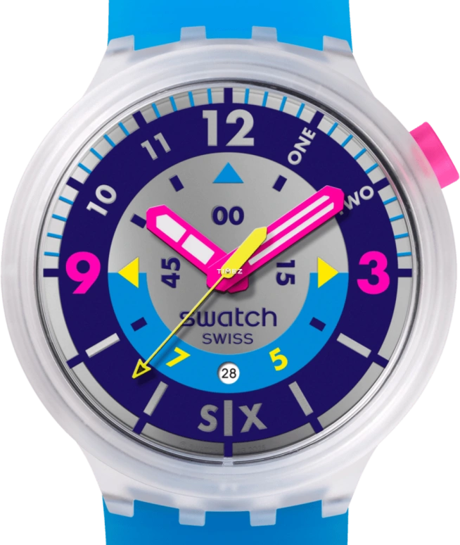 Swatch,NEON 47mm,47mm,Composite,Blue,Grey,Quartz,Day,Round,SB01K400