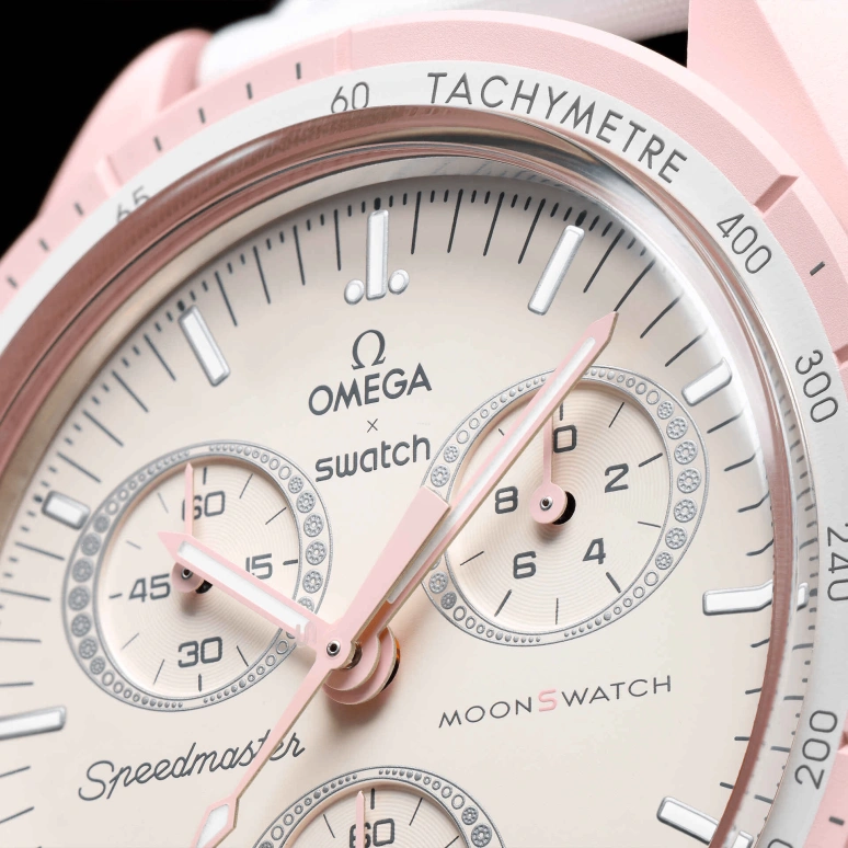 Swatch,MoonSwatch 42mm,42mm,Bioceramic,Pink,Quartz,Chronograph,Rattrapante,SO33P100