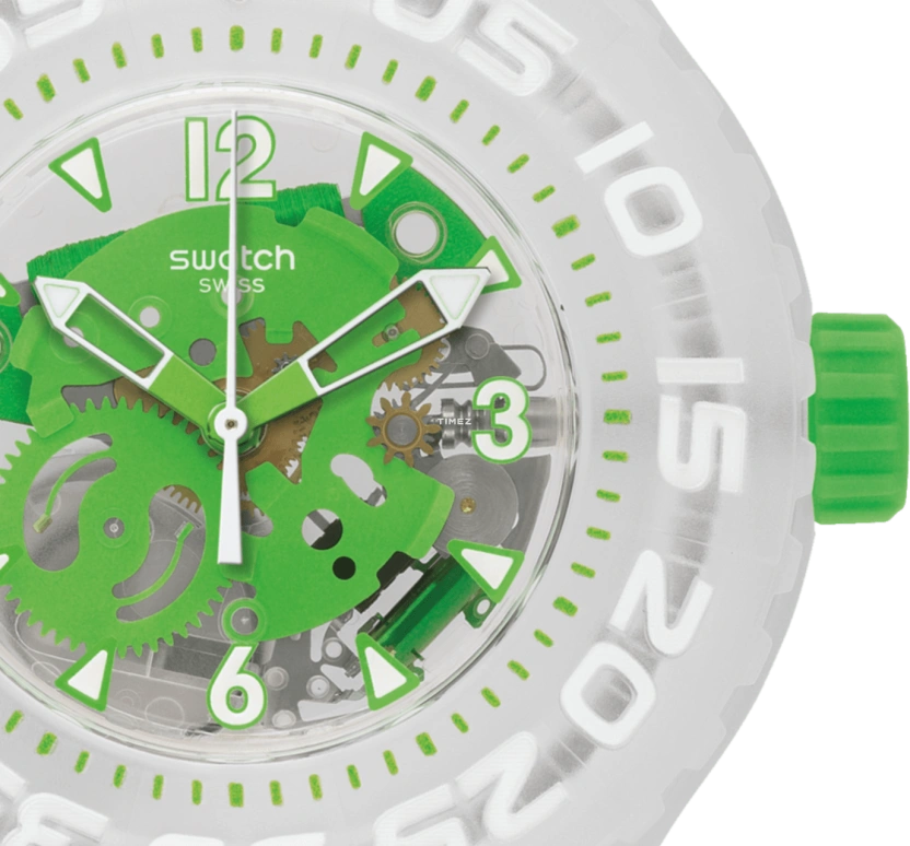 Swatch,SCUBA LIBRE 44mm,44mm,Plastic,Green,Quartz,Round,Transparent,SUUK100