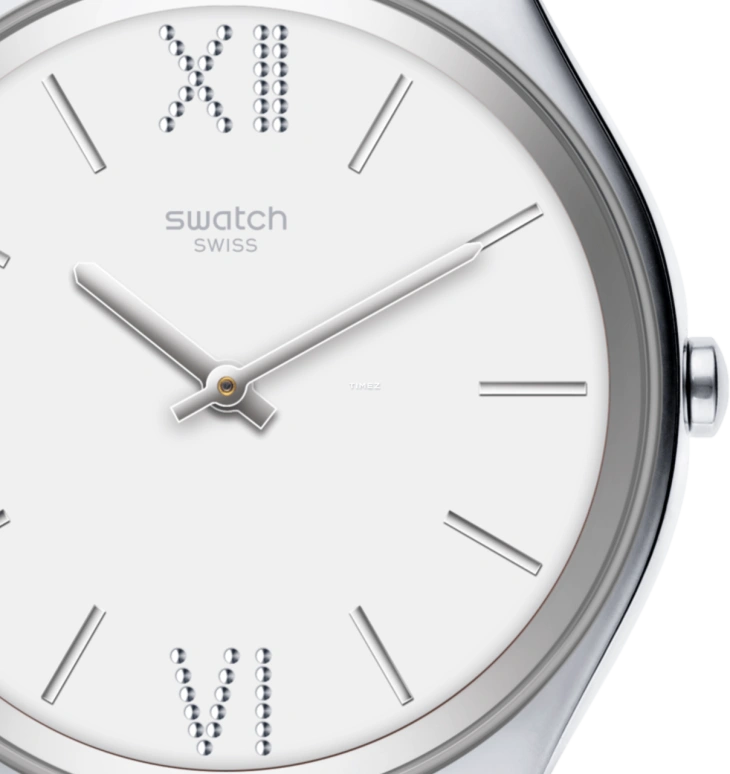Swatch,SKIN 38mm,38mm,Stainless Steel,White,Quartz,Tonneau,Silver,SYXS125C