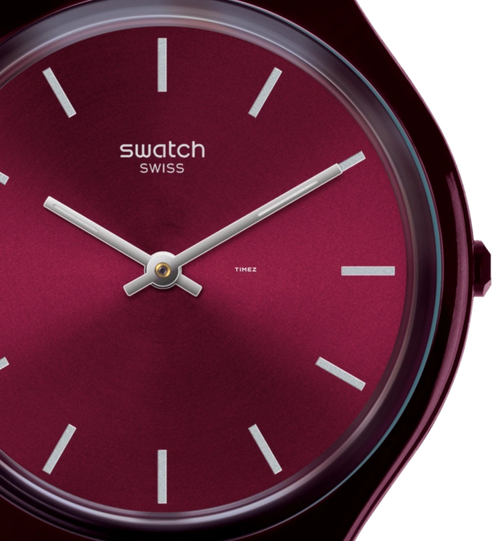 Swatch,SKIN 36.80mm,36.80mm,Plastic,Purple Red,Quartz,Tonneau,SVOV101