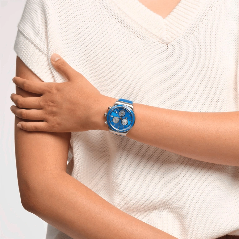 Swatch,IRONY 43mm,43mm,Stainless Steel,Black,Silver,Blue,Minutes,YVS485