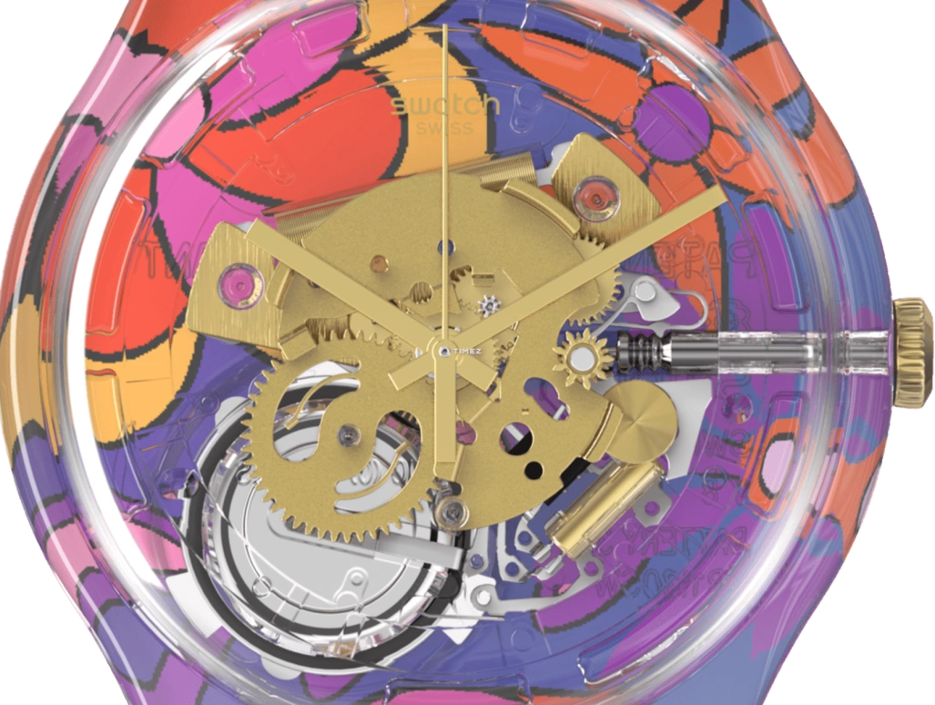 Swatch,Special Edition 41mm,41mm,Plastic,Purple,Multi-Color,Transparent,Quartz,Round,Purple,Transparent,SUOK146,SUOK146-015