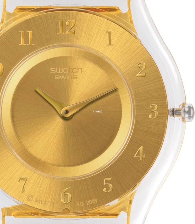 Swatch,SKIN 34mm,34mm,Plastic,Gold,Quartz,Tonneau,Transparent,SFK355M