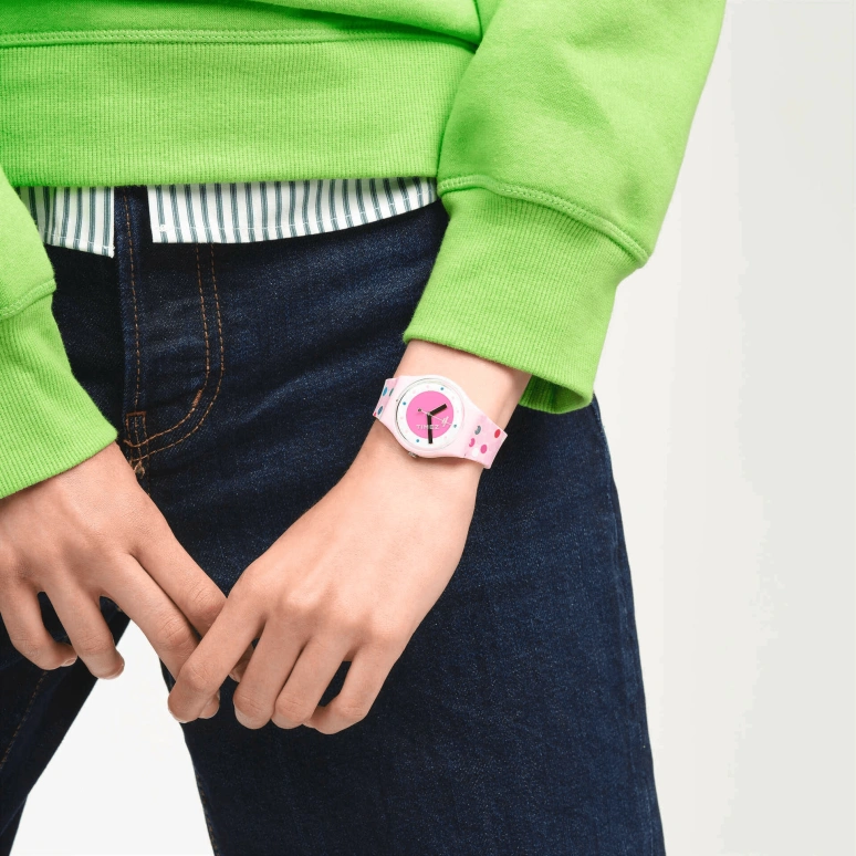 Swatch,Other 34mm,34mm,Bio-sourced,Pink,White,Quartz,Sapphire,Crystal Glass,Round,SO28P109