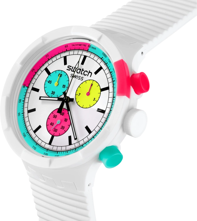 Swatch,NEON 47mm,47mm,Bio-sourced,White,Quartz,Chronograph,Round,SB06W100
