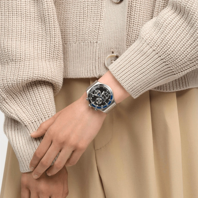 Swatch,Other 43mm,43mm,Stainless Steel,Black,Quartz,Chronograph,Day,YVS507G