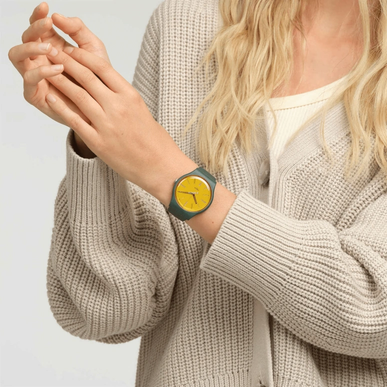 Swatch,Originals 41mm,41mm,Bio-sourced,Yellow,Quartz,Tonneau,Green,SO29G103