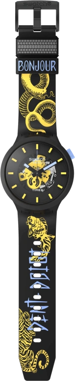 Swatch,Other 47mm,47mm,Bioceramic,Black,Yellow,Skeleton,Quartz,Sapphire,Crystal Glass,Round,SB03B109C