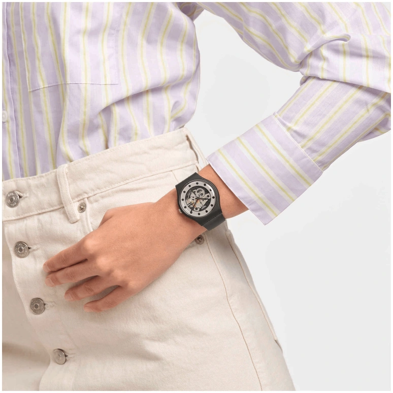 Swatch,Originals 41mm,41mm,Bio-sourced,Black,Skeleton,Quartz,Sapphire,Crystal Glass,Round,SO29B109