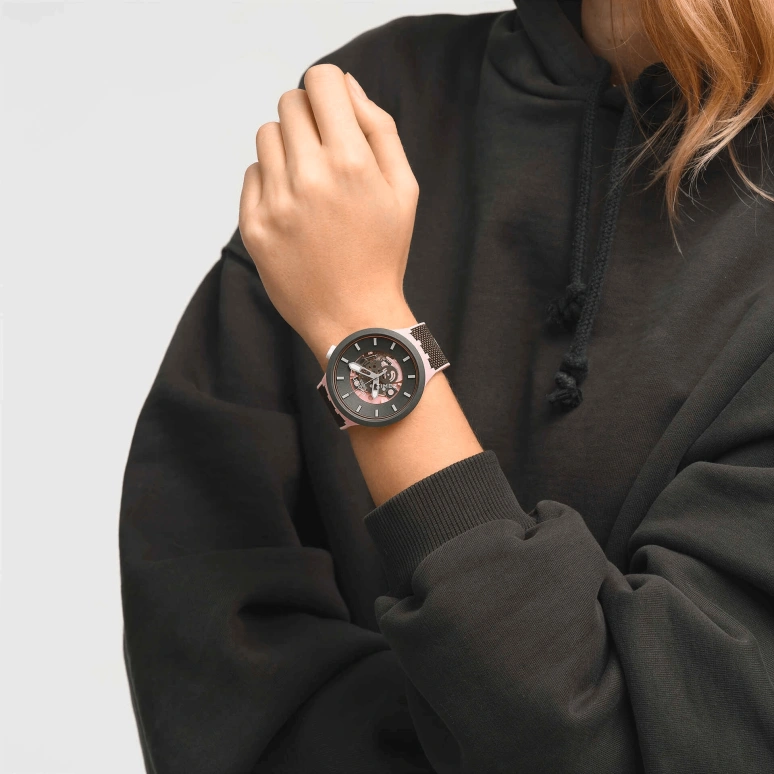 Swatch,Other 47mm,47mm,Bio-sourced,Pink,Grey,Skeleton,Quartz,Sapphire,Crystal Glass,Round,SB05P100