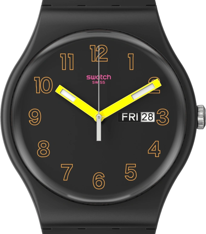 Swatch,Other 41mm,41mm,Bio-sourced,Black,Quartz,Date,Day,SO29B707