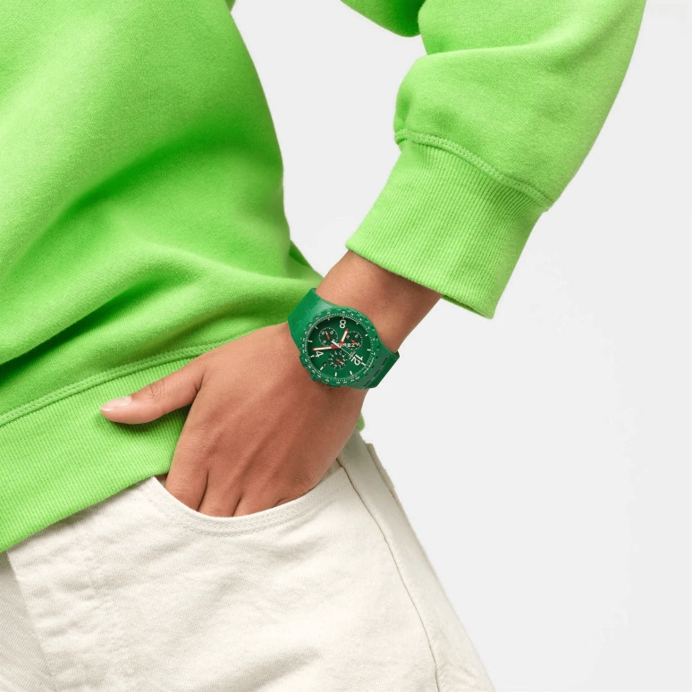 Swatch,Originals 42mm,42mm,Plastic,Green,Quartz,Chronograph,Day,SUSG407